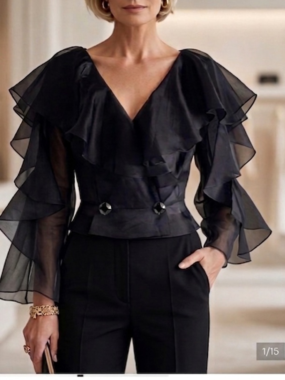 Chic Black Ruffled silk organza Blouse